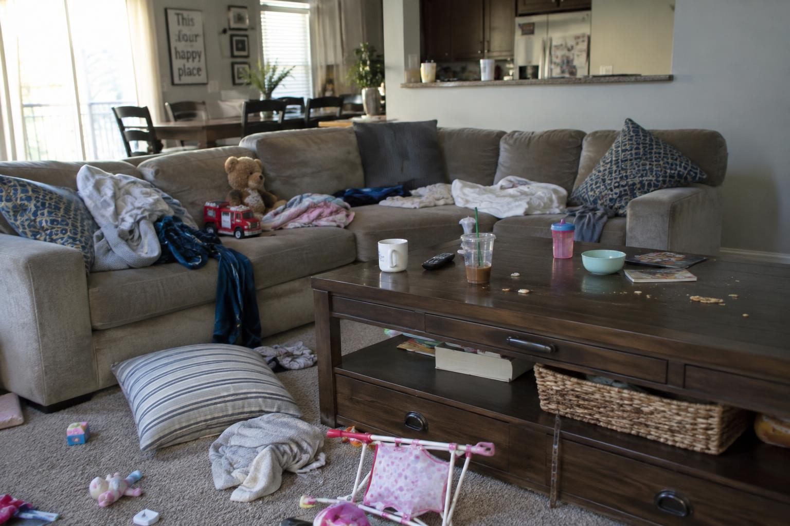 Before: Living room: everyday mess vs. tidy and vacuumed
