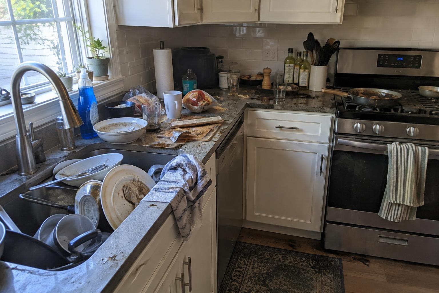 Before: Kitchen: dishes and spills vs. a spotless deep clean