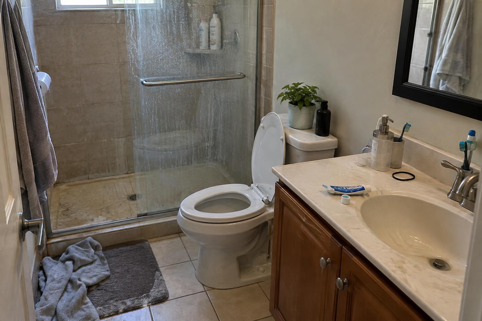 Before: Bathroom: soap scum and clutter vs. sparkling and fresh