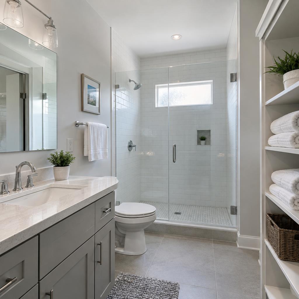 Bathroom scrubbed, glass polished, towels refreshed